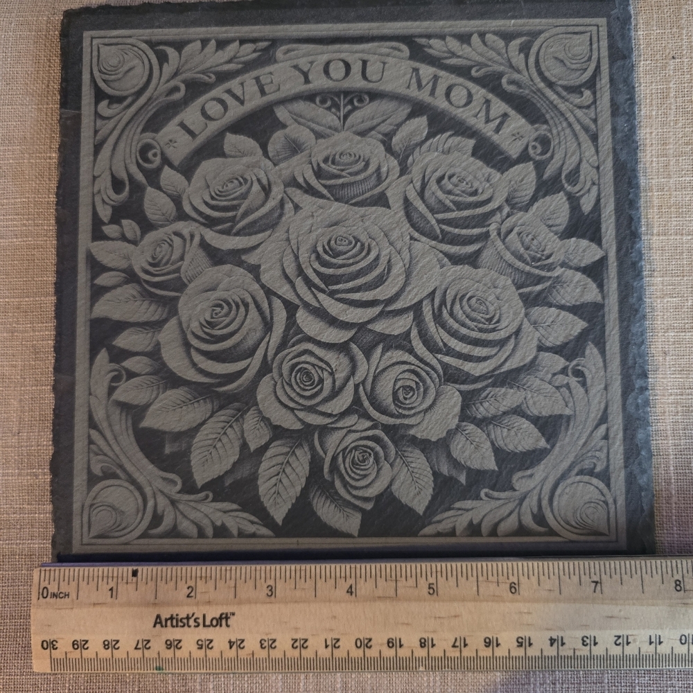 Mothers Day, 7-8 " Slate Engraved Gray "Love You Mom" Floral, with Stand